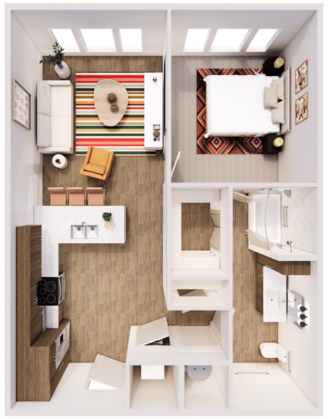 Floor plan for 1 bed, 1 bath, 744 sqft